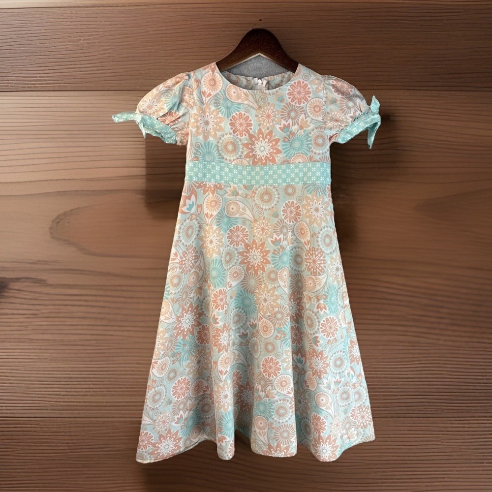 Girls Homemade Dress Toddler Long Floral Empire Peach Green Mod 5T? Cottage
